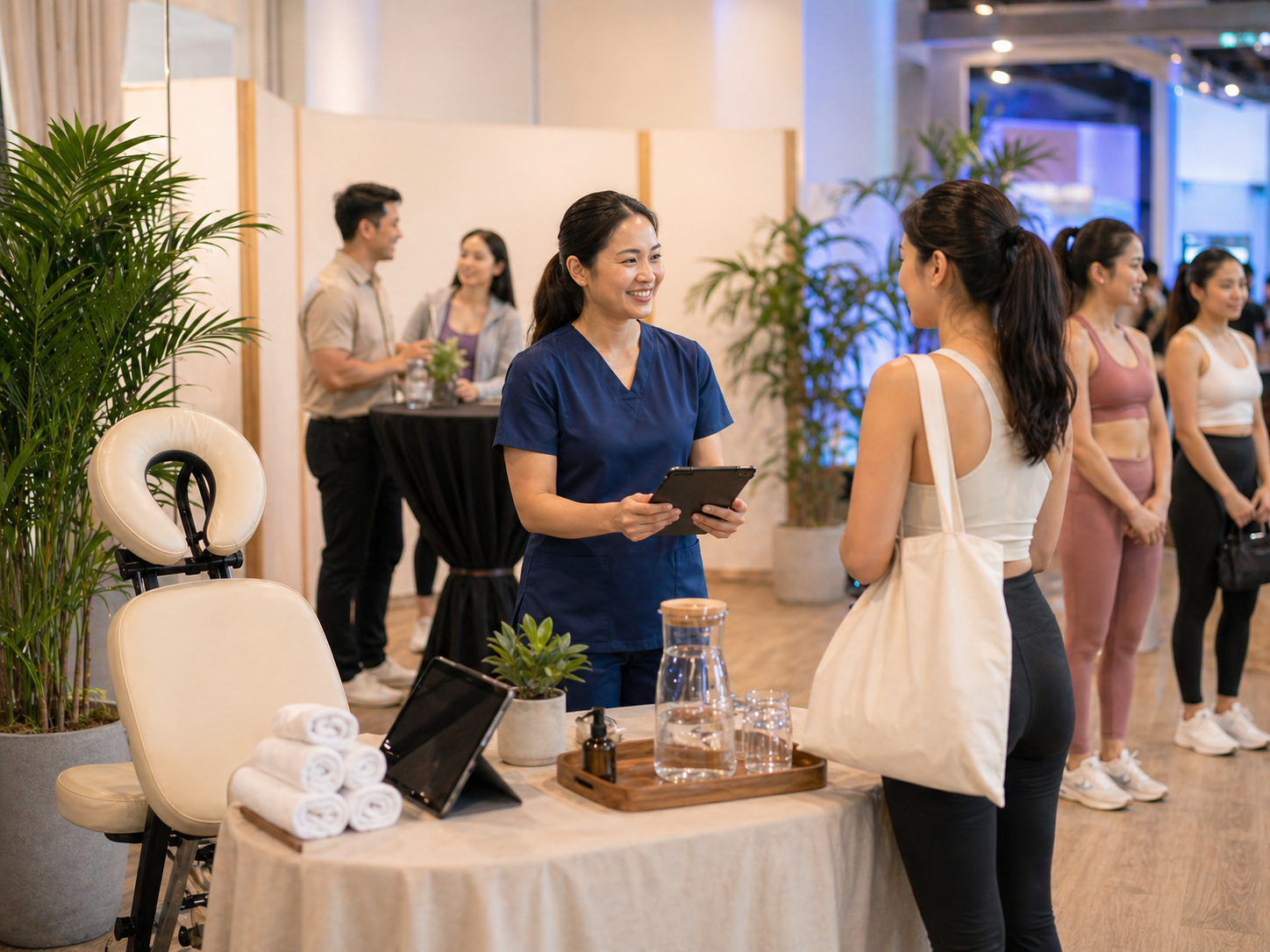 Palmeo Spa Event Wellness activation booth with massage chair and guest check-in