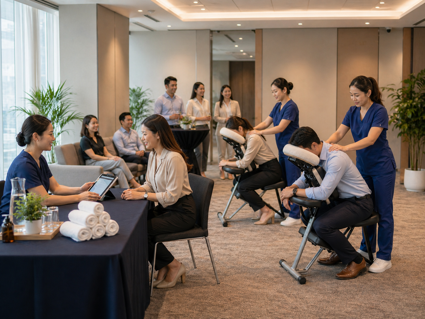 Palmeo Spa Event Wellness corporate activation with check-in and massage chairs