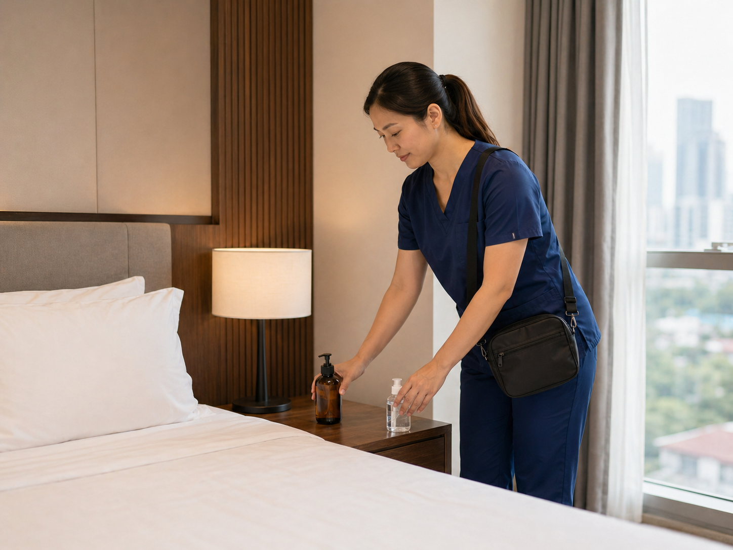 Palmeo Spa therapist placing massage oil and alcohol for in-room service