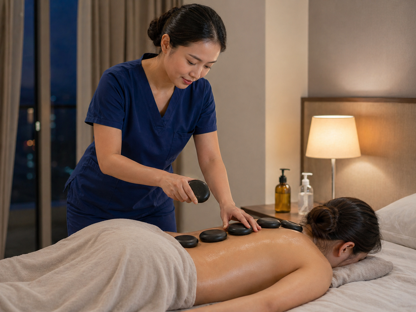 Hot stone massage home service by Palmeo Spa with massage stones