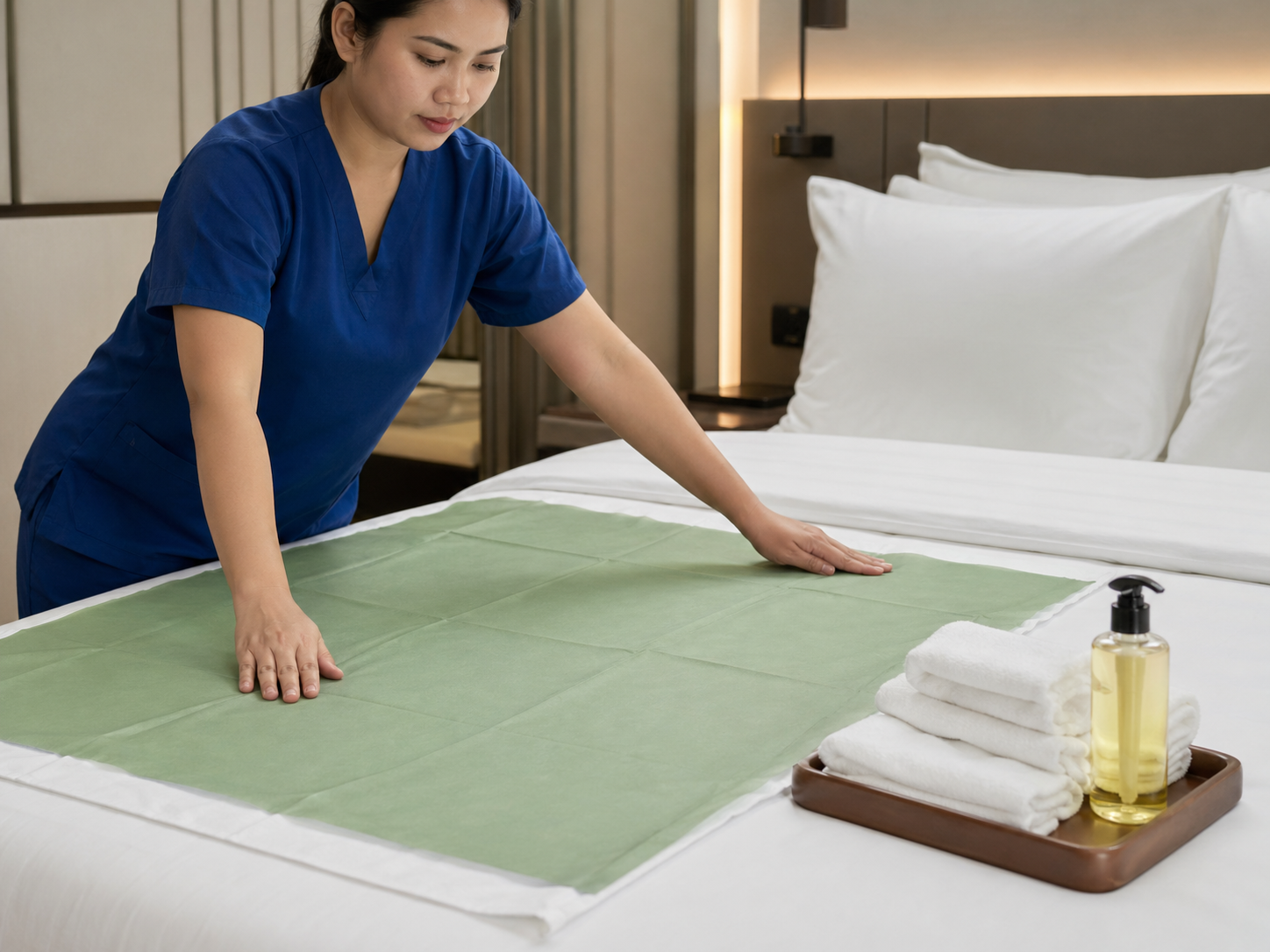 Palmeo Spa therapist preparing a protected hotel room massage setup