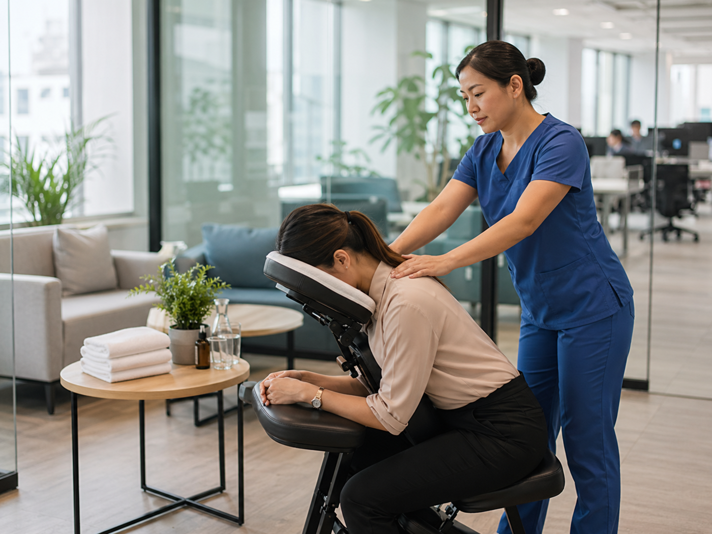 Compact Office Wellness chair massage setup in a corporate lounge
