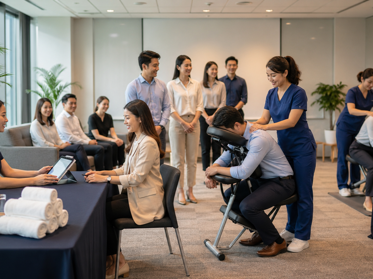 Large Office Wellness day setup with check-in, waiting area, and massage stations
