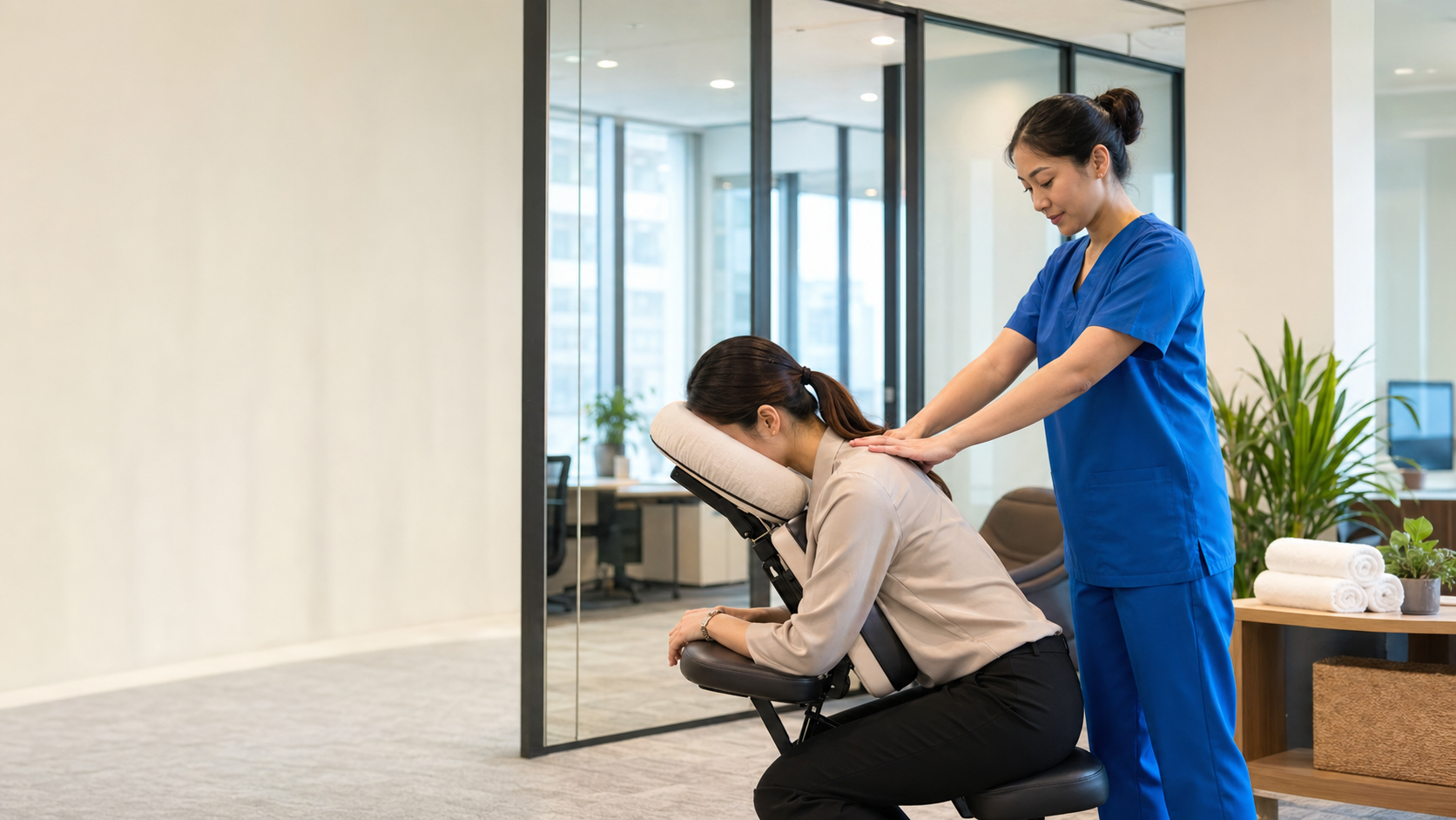 Palmeo Spa Office Wellness therapist providing on-site chair massage in a modern office