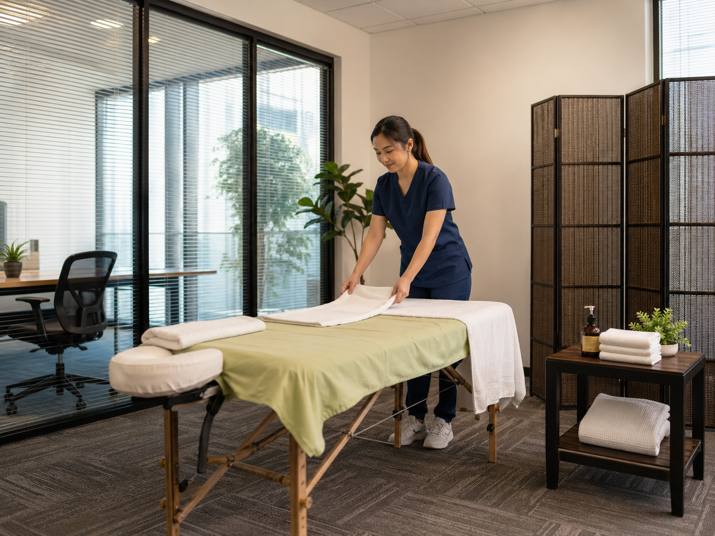 Private Office Wellness room setup with portable massage table and towels