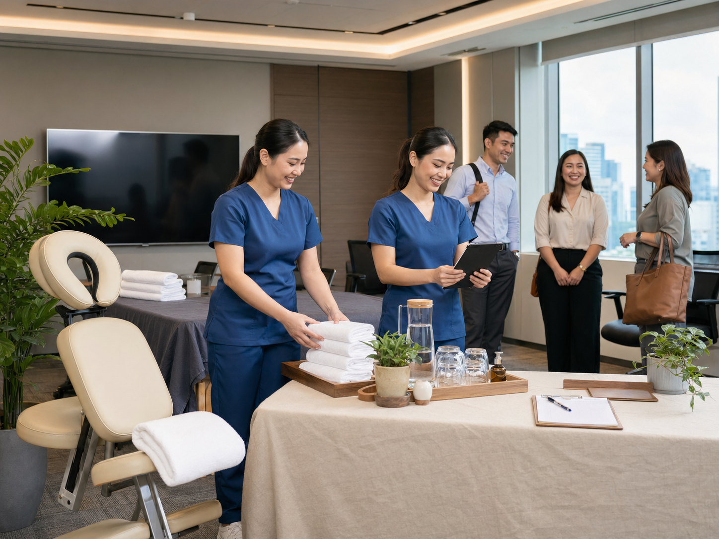 Palmeo Spa Office Wellness setup with therapists preparing towels and massage station in a conference room