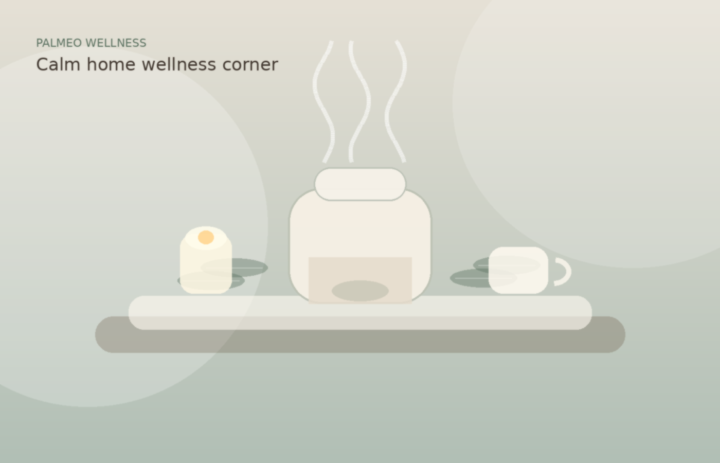 A serene wellness corner with diffuser steam, tea, leaves, and spa-inspired natural colors.
