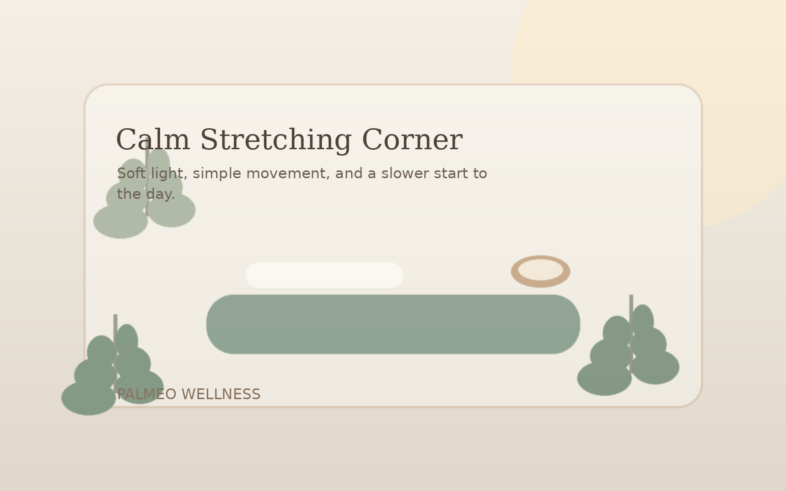 Minimal spa-inspired stretching corner with soft neutral tones and tropical greenery.