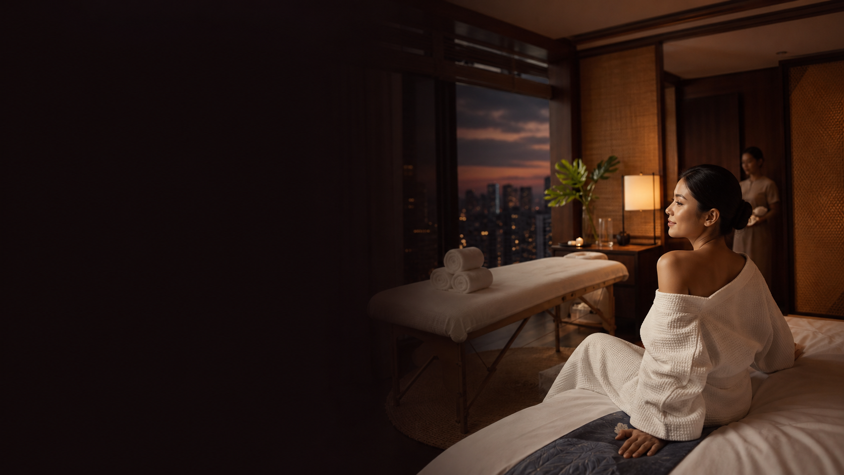 Luxury hotel guest wellness partnership with portable massage setup