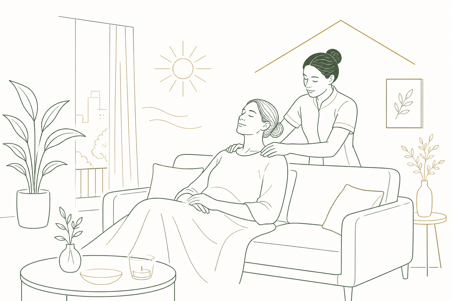 Outline illustration of a relaxing massage at home in a comfortable living space