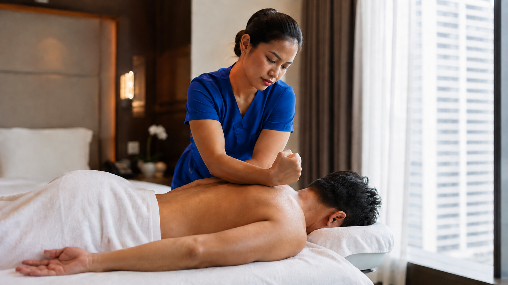 Therapist in blue scrubs performing a deep tissue massage in Metro Manila