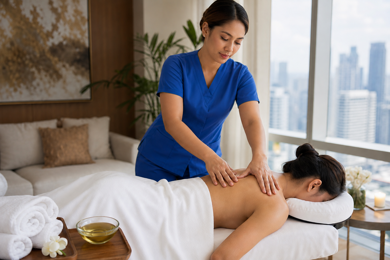 Therapist in professional royal-blue scrubs providing Swedish massage in a Metro Manila condo