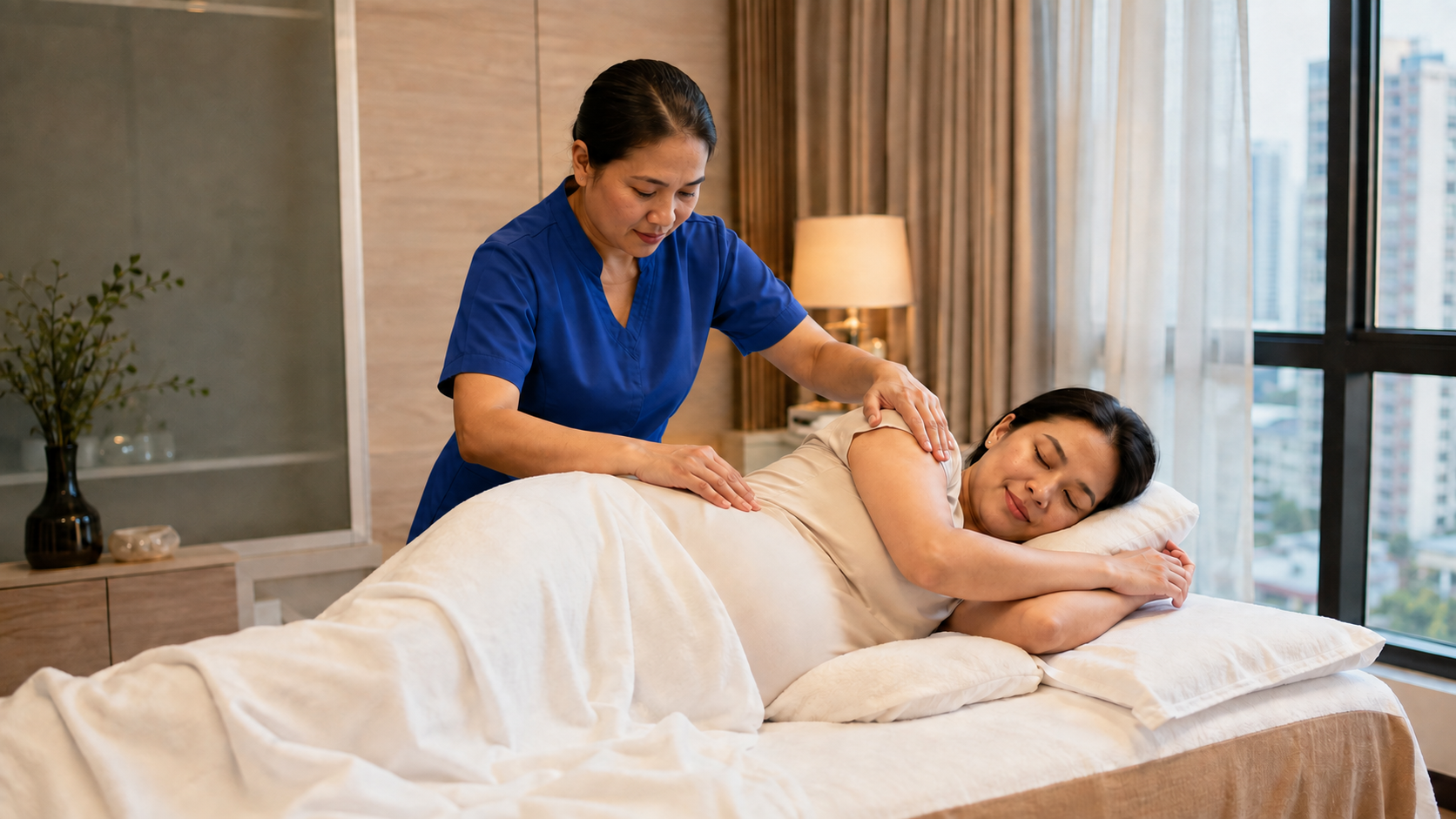 Therapist in blue scrubs providing a supported prenatal massage at home in Metro Manila