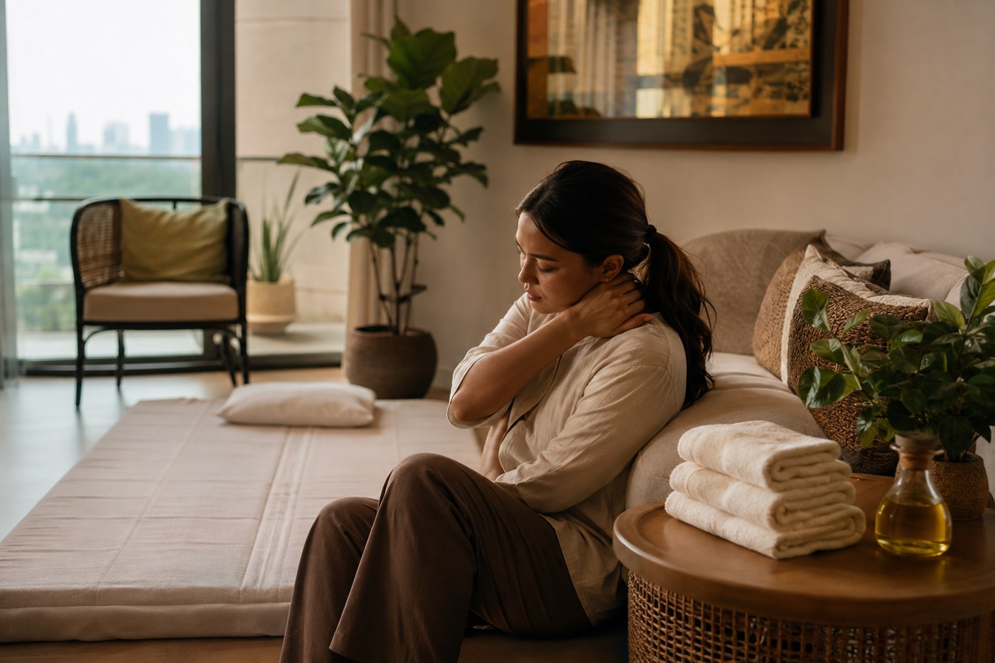 A tired parent easing neck and shoulder tension beside a home massage setup in a Manila condo
