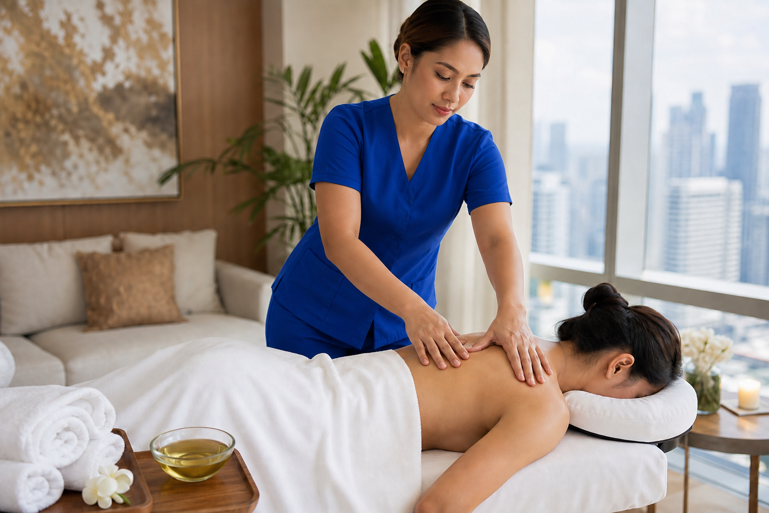 Therapist in blue scrubs performing a relaxing Swedish massage at home in Metro Manila