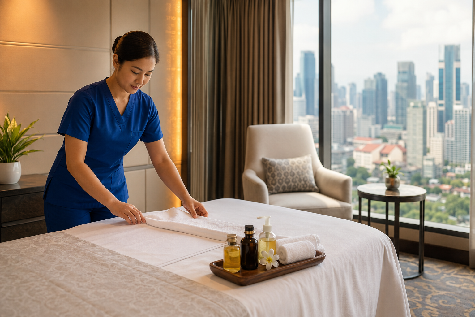 Palmeo Spa therapist in blue scrubs preparing a massage setup in a hotel room
